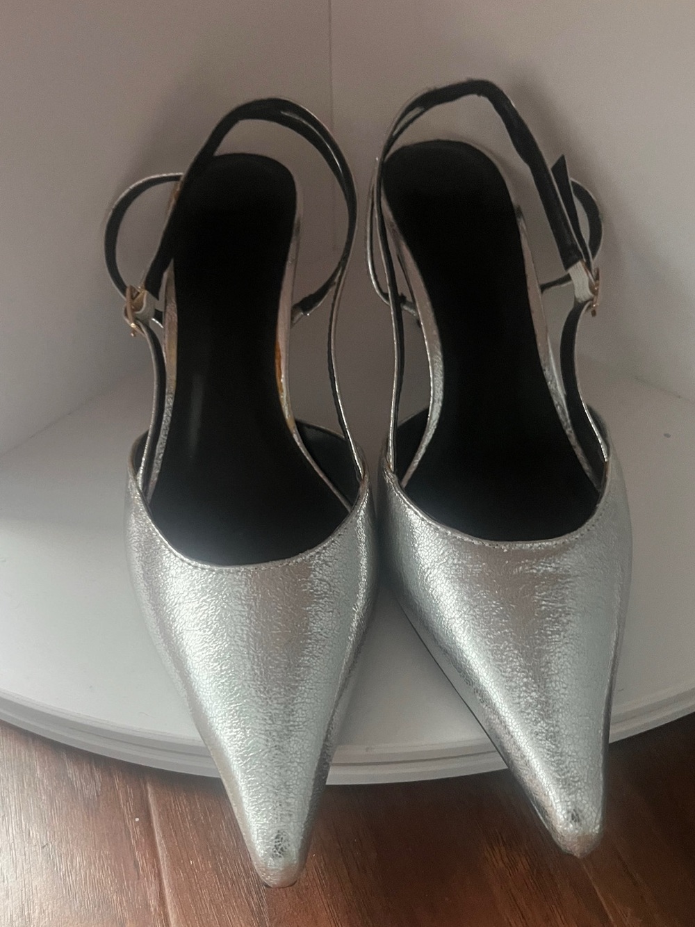 H&M Silver Pointed Toe Slingback Heels with Buckle